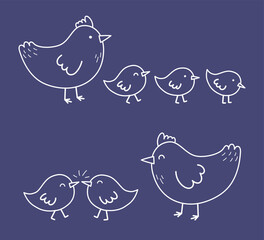 Cute cartoon chicks and chickens. Easter chicks icons in hand drawn style. Set. Vector illustration