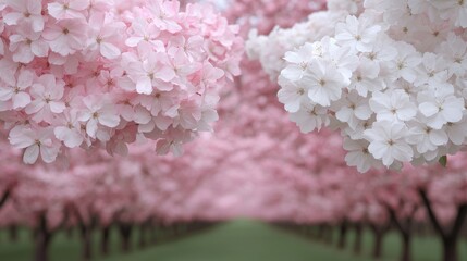 Fototapeta premium Blooming pink and white cherry blossoms in an orchard
