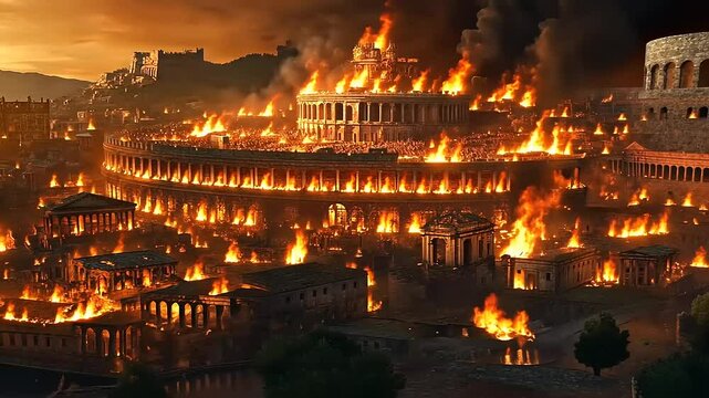 Dramatic depiction of ancient Rome engulfed in flames during a catastrophic event at dusk