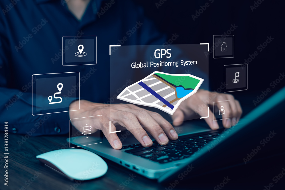 Fototapete man using laptop with virtual world and model map with location point , gps app, icon travel maps an