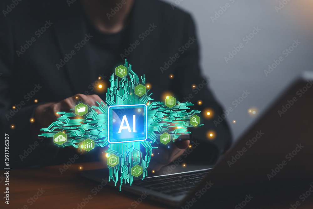 Fototapete  Business data using AI technology background using computer customer service showing data connection storing various data with AI to help simplify documents
