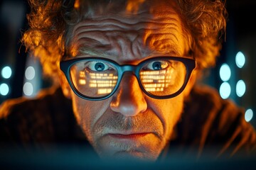Visual idea layout of it. Game developer looks very irritated at the monitor in dark server farm. Nerd caucasian midlife man in everyday, data visualization reflections in his glasses.