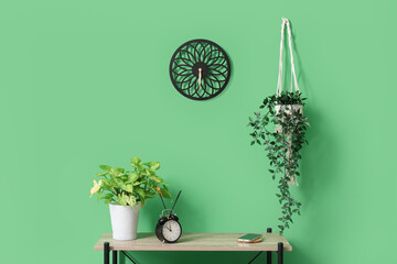 Shelving unit with houseplants and alarm clock near green wall
