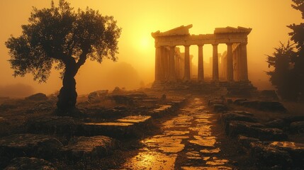 Fototapeta premium Ancient ruins bathed in golden sunrise
