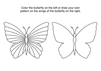 Two contour butterflies. Coloring page for children. Color or draw your own design on wings of butterfly.