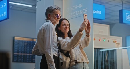 Professional Pilot in Uniform Drinking Coffee, Using Phone, Waiting for Commercial Flight. Woman...