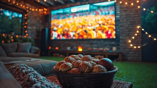 Cozy outdoor home theater with snacks and game on screen