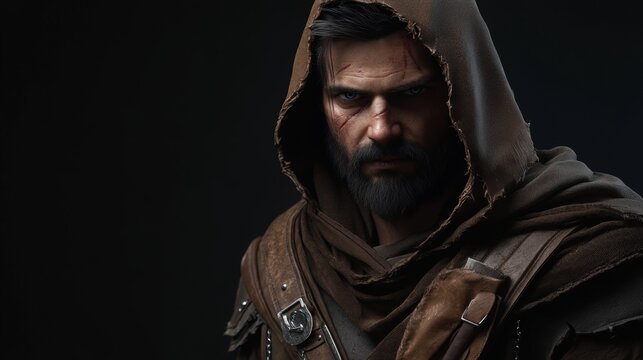 Dark Fantasy Warrior with Scars and Hood Looking Fierce. Cinematic Portrait. Generative AI.