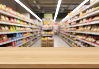 Blurred Supermarket Interior with Empty Wooden Table Grocery Store, Shopping, Food Products.