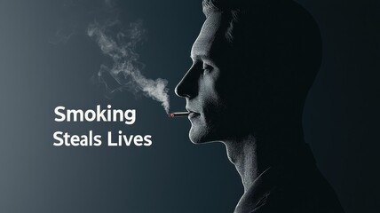 World no tobacco day with awareness and disease idea. Silhouette of a man smoking with a cautionary message.