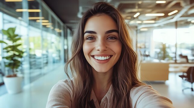 portrait of a smiling young woman taking a selfie at her workstation in a modern office environment reflecting friendly and vibrant work culture