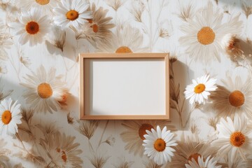 Blank Canvas of Spring: An empty picture frame rests amidst a vibrant display of fresh daisies, an invitation to fill the space with a personal touch and celebrate the beauty of the season.