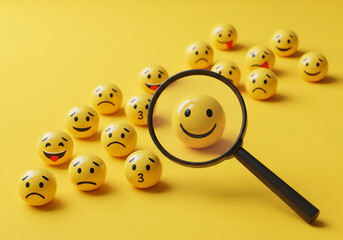 Positive Emotion Focused Magnifying Glass on Smiley Face, Conceptualizing Happiness and Optimism with Expression Spheres.