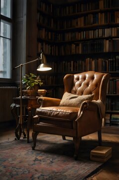 A leather chair is sitting in front of a window with a lamp on a stand