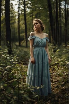 A woman in a blue dress is standing in a forest