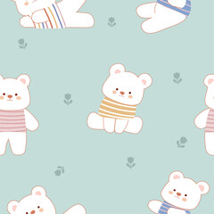 white bears  wearing striped t shirts with different characters  and flowers seamless pattern , vector , illustration