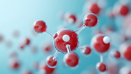 Red molecular structure with white accents on a light blue background.