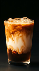 Iced latte with layered milk and coffee in a clear glass on a black background