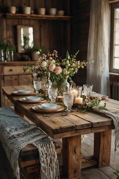 A wooden dining table with a blue blanket on it and a floral arrangement on top
