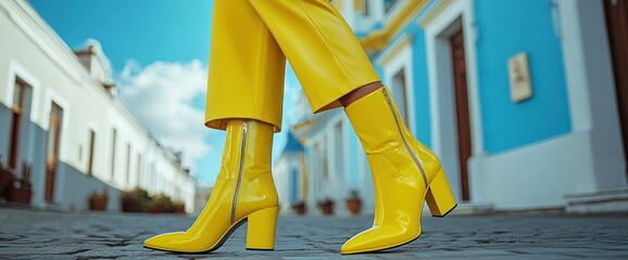 Bold yellow boots on cobblestone street