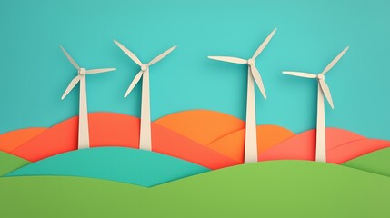 Fototapeta premium Peaceful Paper Collage of Wind Turbines in Tranquil Countryside Landscape Design