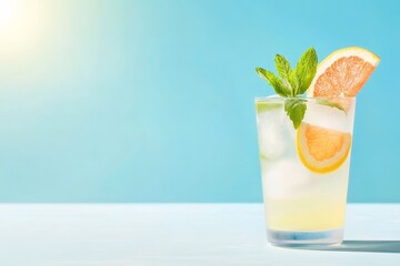 citrus refreshing lemonade with mint on blue background, summer tropical cocktail, copy space