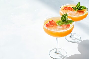 summer cocktails with grapefruit in glasses with mint on white background, copy space, refreshing drinks, closeup