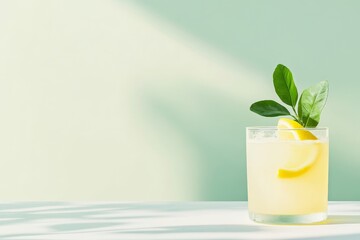 summer cocktails with lemon on light green background, copy space, detox water, refreshing drinks