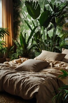 A bedroom with a jungle theme, featuring a bed with pillows