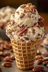 Close-Up Indulgent Butter Pecan Ice Cream Cone Deliciously Topped with Pecans in a Waffle Cone.