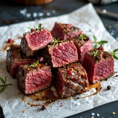 medium rare steak pieces, sliced grilled beef cubes isolated on white background