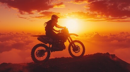 Woman motocross rider silhouette at sunset