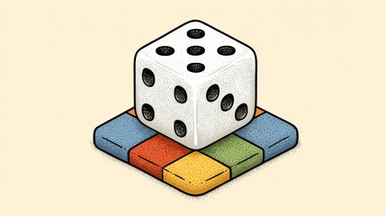 Isometric Pixel Art of a White Die on a Multicolored Tile