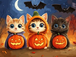 Three cute cats dressed in Halloween costumes