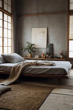 A bedroom with a bed, a plant, and a painting on the wall