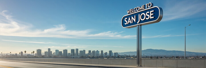 Obraz premium Sign saying Welcome to San Jose, with the city in the background 