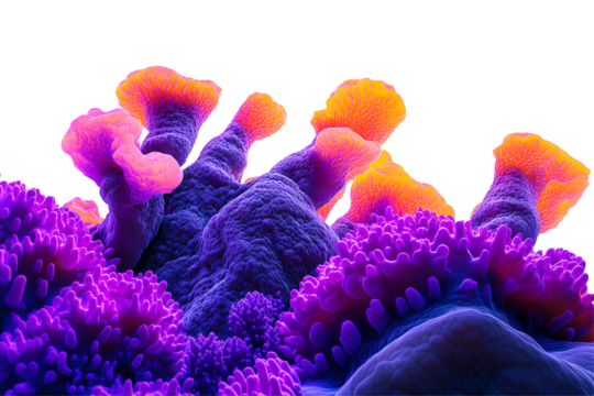 Vibrant neon coral reef in purple and orange tones with glowing textures isolated on transparent background