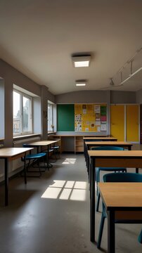 A classroom with a green board on the wall