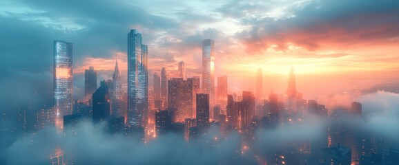 Fototapeta premium Cityscape at Sunrise, shrouded in mist
