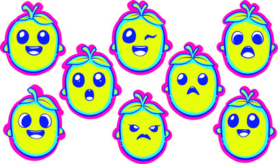 Cute And Expressive Mango Stickers. Neon Flame Emotions