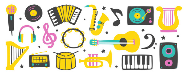 Set of musical icons. Vector flat hand drawn illustration in cartoon style