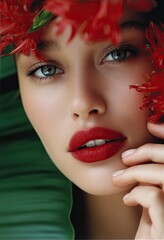 an attractive woman with long dark hair, blue eyes and glossy red lipstick posing in front of the camera while holding on to her large bright red flowers with green leaves