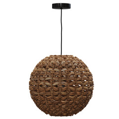 Woven rattan pendant light with a round design.