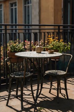 A table with two chairs and a vase of flowers on it