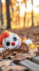 Clown doll autumn leaves forest Halloween