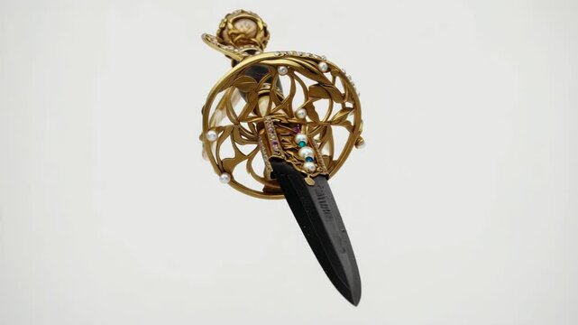 A gold and silver sword with a blue gem on the handle. The sword is very ornate and has a lot of detail