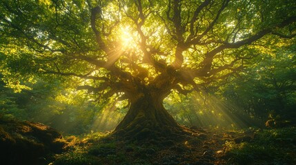 Obraz premium Sunlight through ancient forest tree