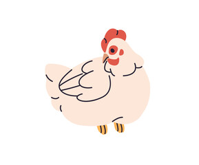 Cute village mother hen sits, hatches eggs. Country chicken relaxes in ranch. Farm animal, domestic bird, poultry, fowl, livestock has a rest. Flat isolated vector illustration on white background
