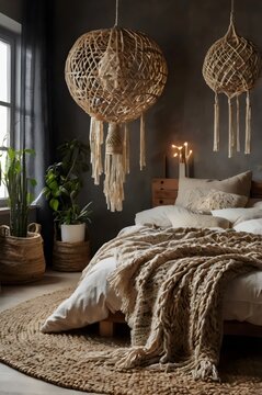 A bedroom with a bed, a rug, and a hanging lamp