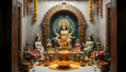 Ornate Shrine Scene with Deities, Offerings, and Floral Decorations